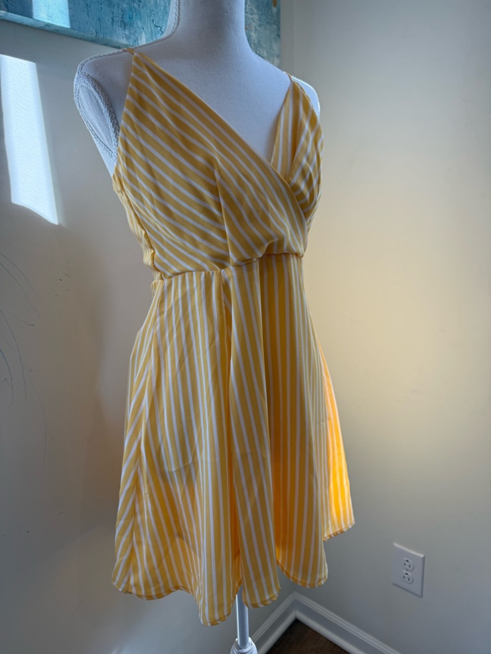 Lulus Yellow and White Striped Sleeveless Tie Back Mini Dress Size XS